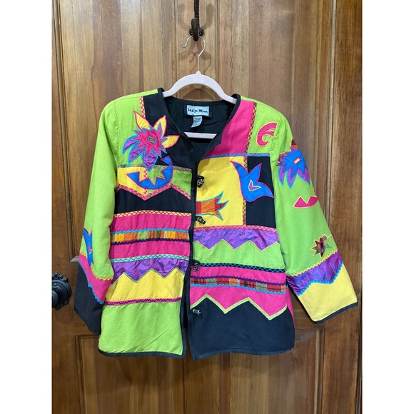 indigo moon Jackets & Blazers - Indigo Moon Vintage Colorful Patchwork Embroidered Jacket Button Front Women's M